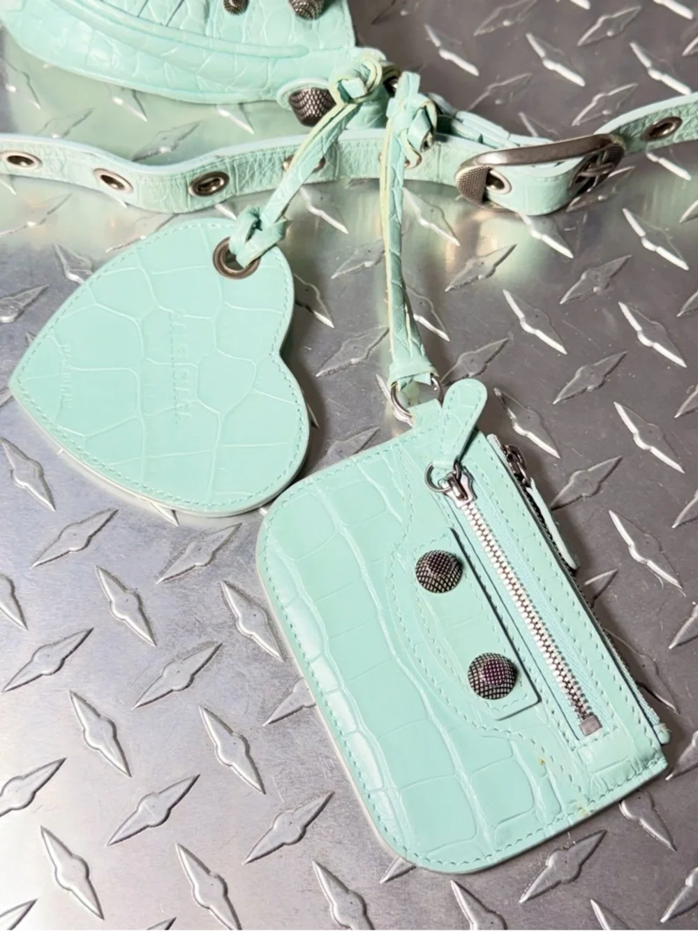 Balenciaga Supple Calfskin Croc Embossed Le Cagole Shoulder Bag in Green Aqua - Picture 7 of 11